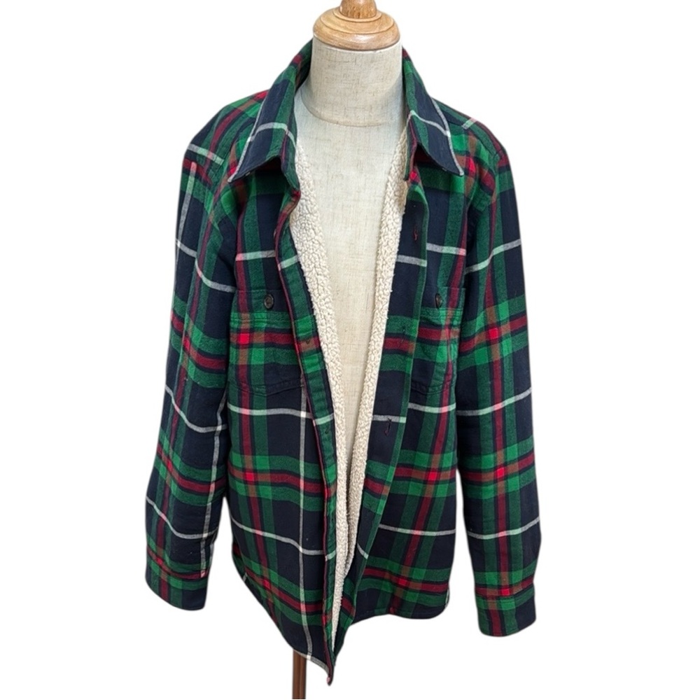 Lands' End Kids Shacket - Green, Red, &  Blue Flannel with Sherpa Lining 10-12